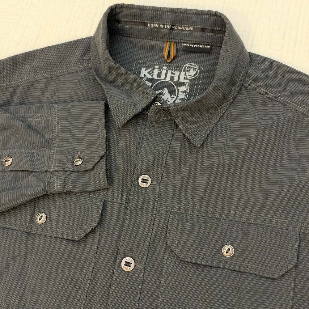 Kuhl Sting Mens Small Charcoal Gray Micro Stripe Long Sleeve Button Hiking Shirt